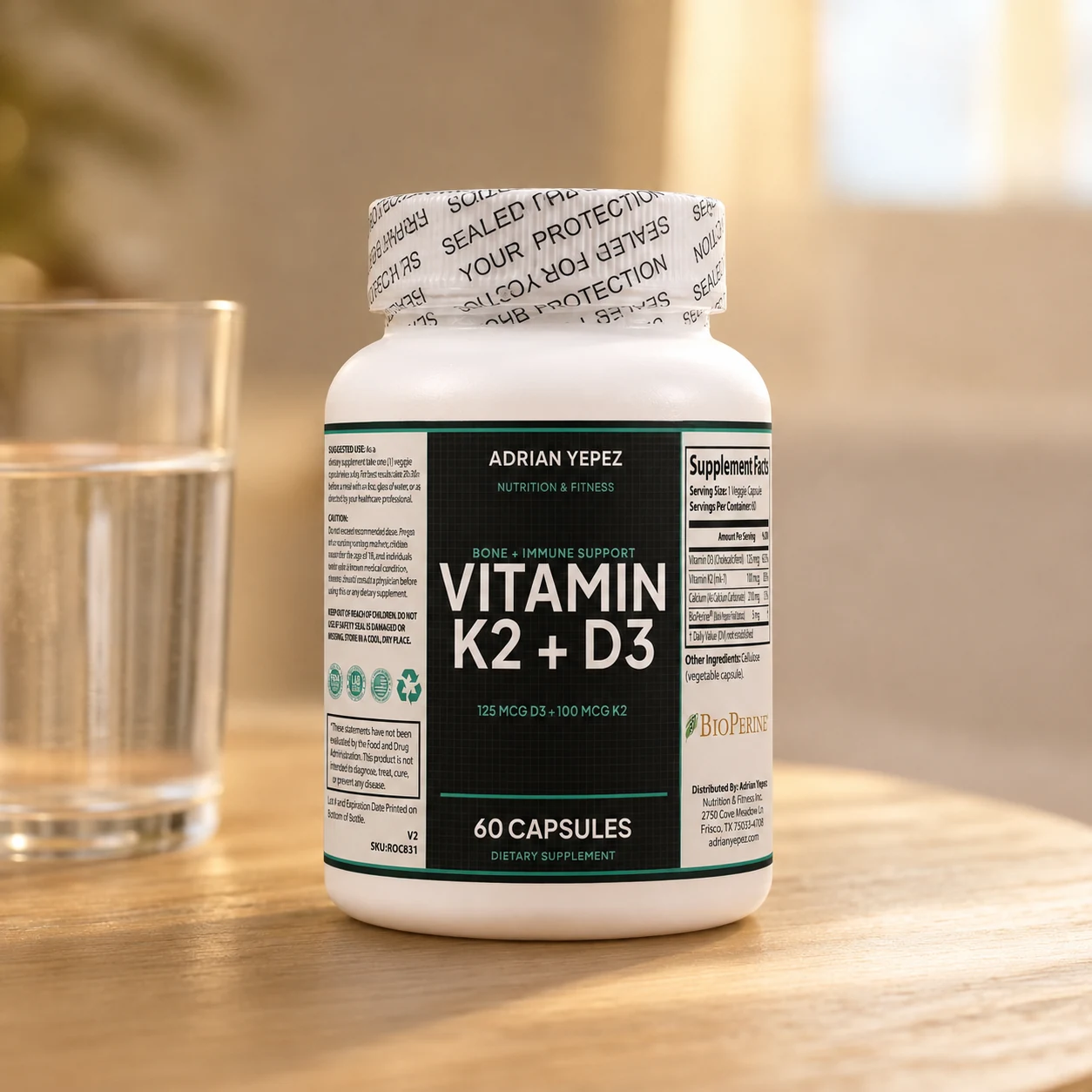 Vitamina K2 + D3 AYNF junto a un vaso de agua