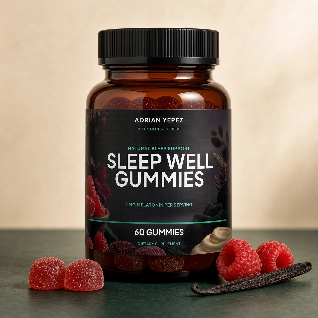 Sleep Well Gummies AYNF sabor frambuesa y vainilla en una escena de producto