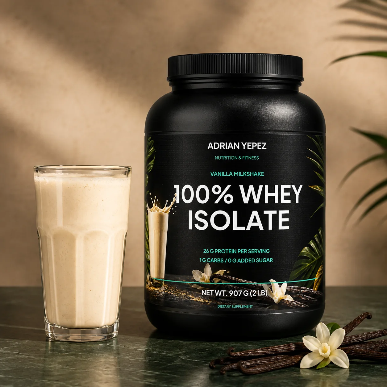 Proteína 100% Whey Isolate Vanilla Milkshake AYNF de 2 lb junto a un batido de vainilla